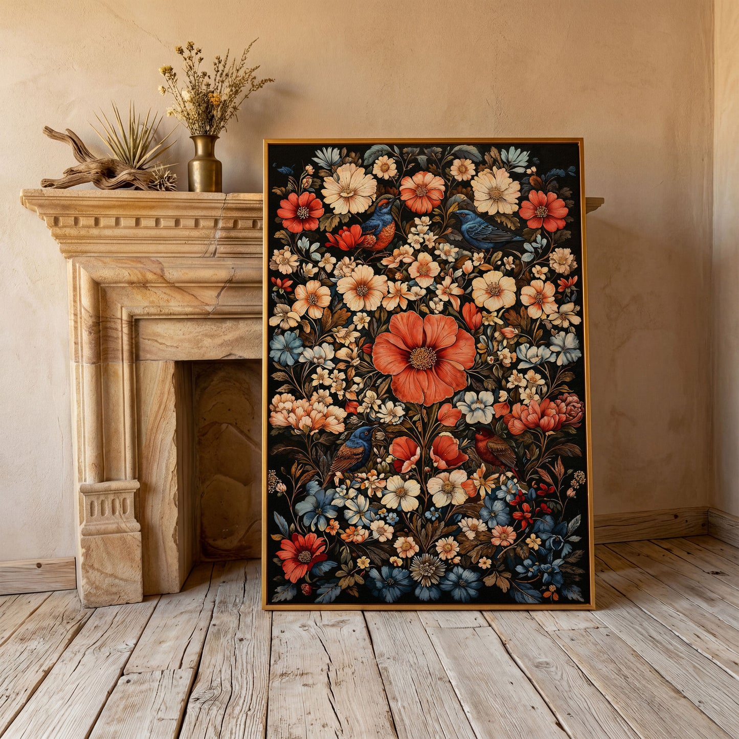 Birds in Vibrant Flowers Canvas Print in antique gold floating frame