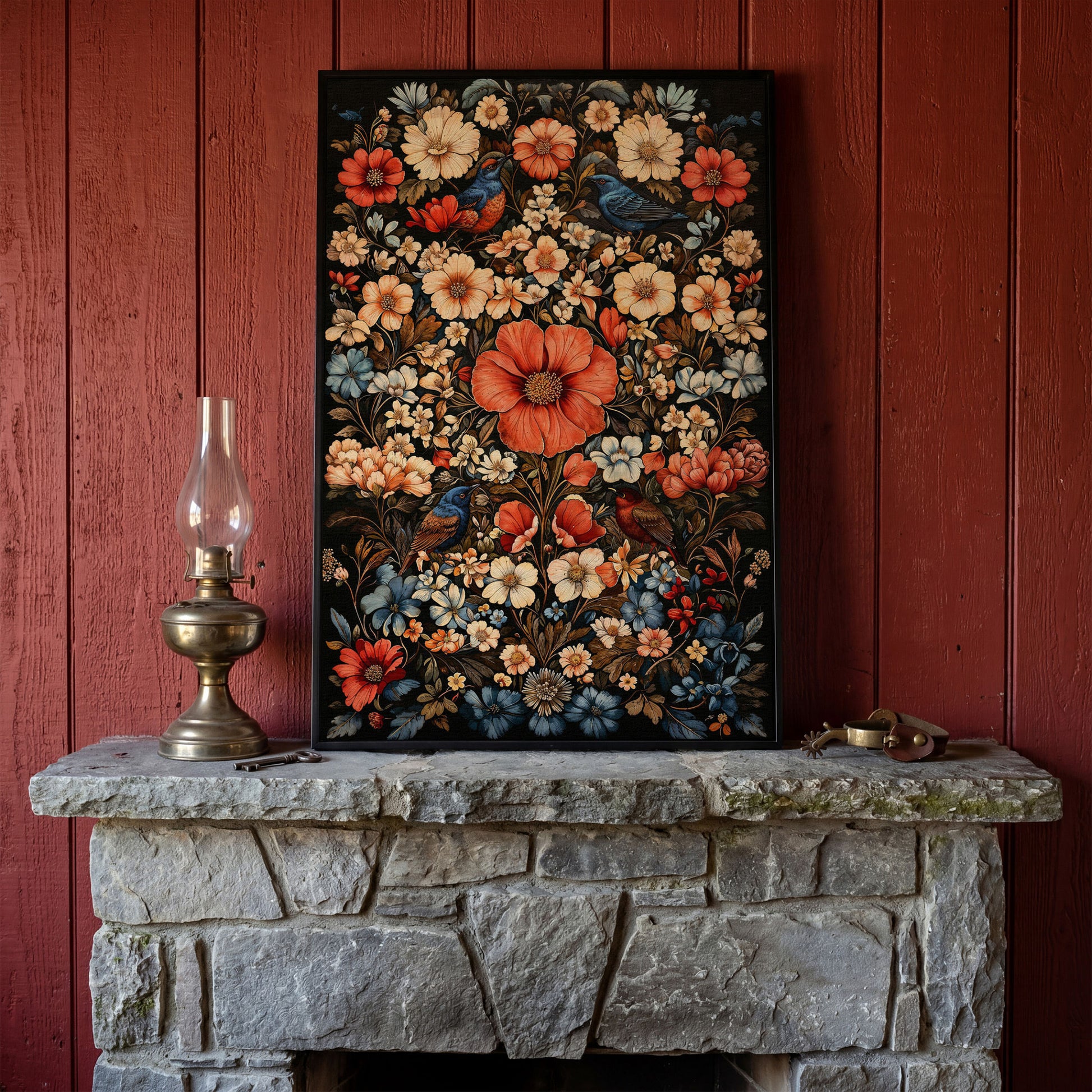 Birds in Vibrant Flowers Canvas Print in black floating frame
