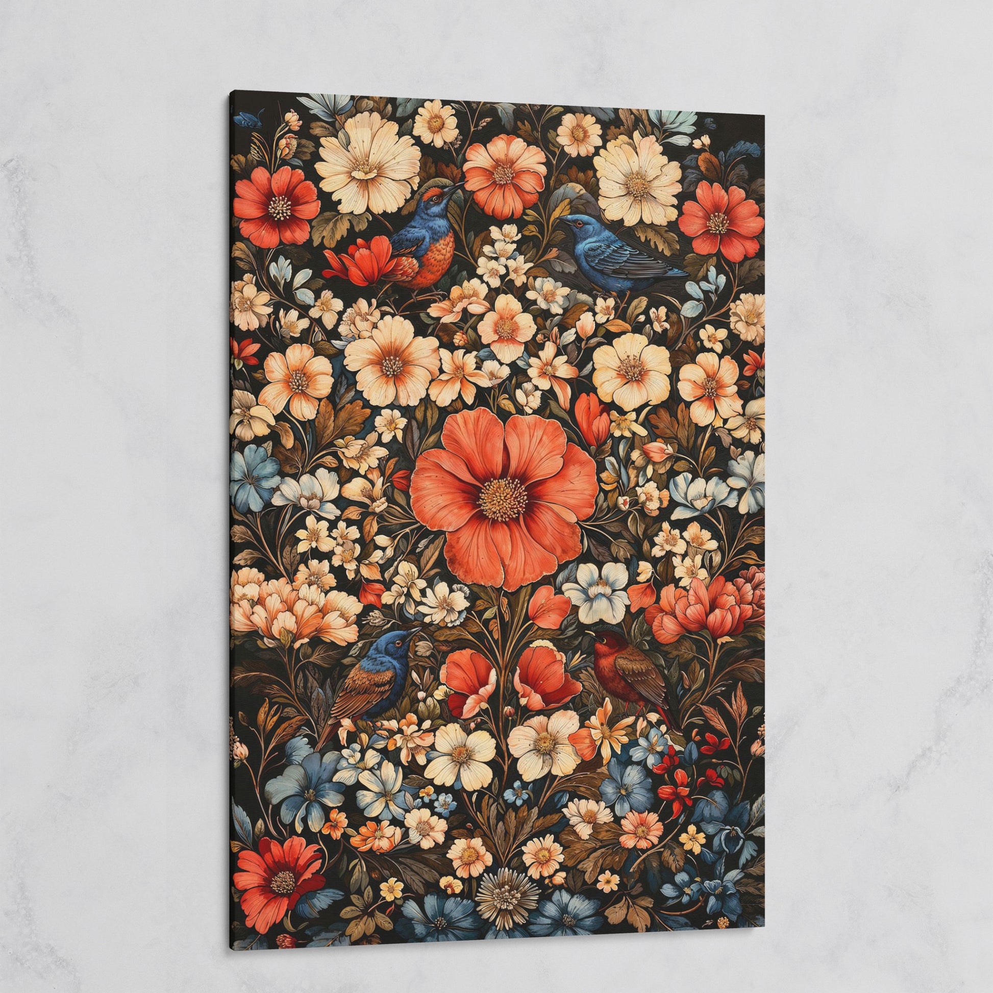 Birds in Vibrant Flowers Canvas Print on gallery wrap