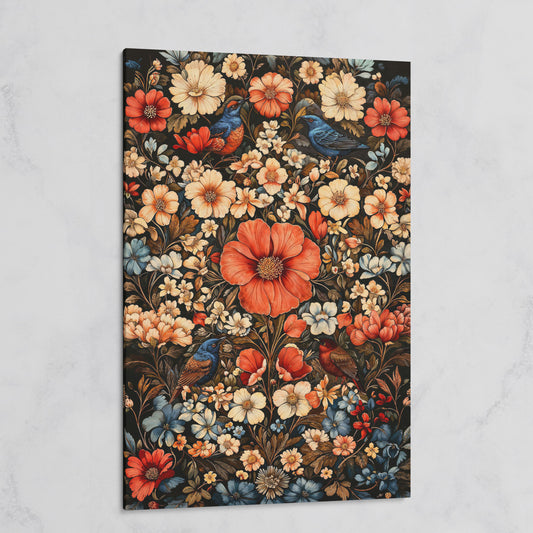 Birds in Vibrant Flowers Canvas Print on gallery wrap
