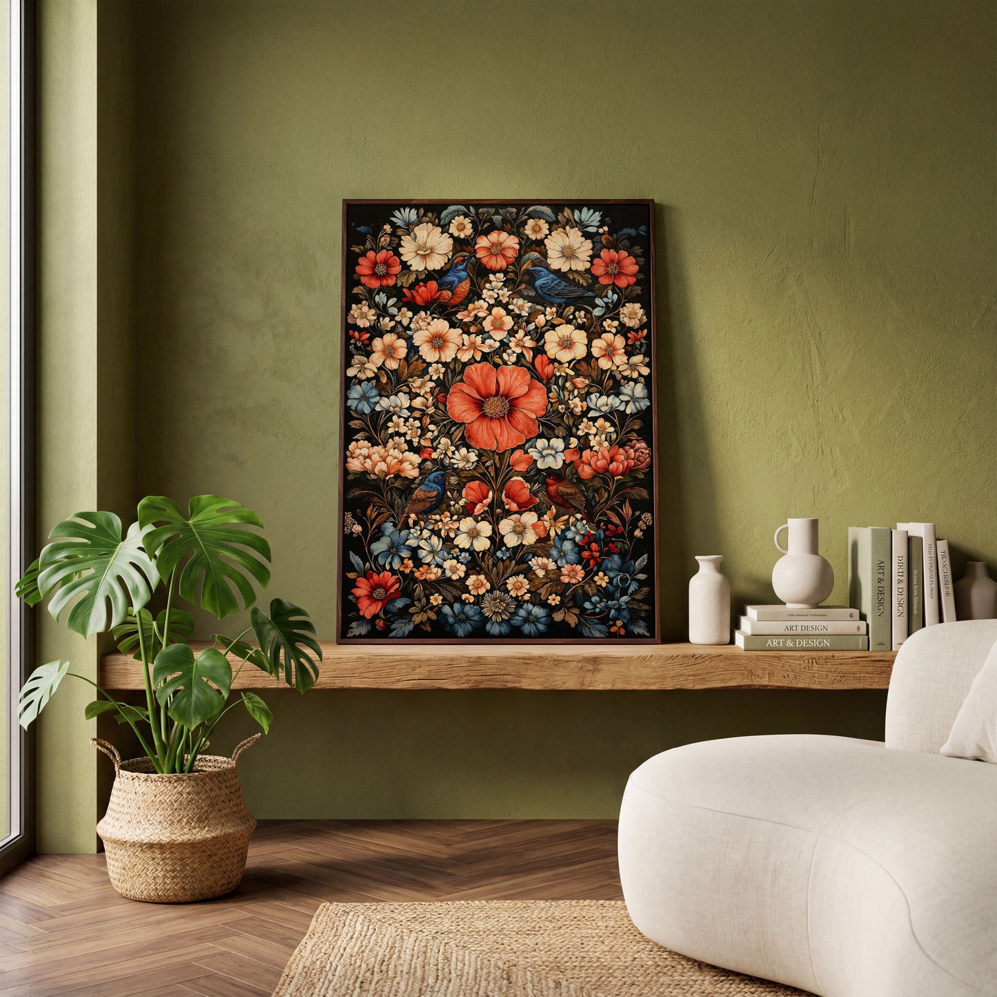 Birds in Vibrant Flowers Canvas Print in dark walnut floating frame