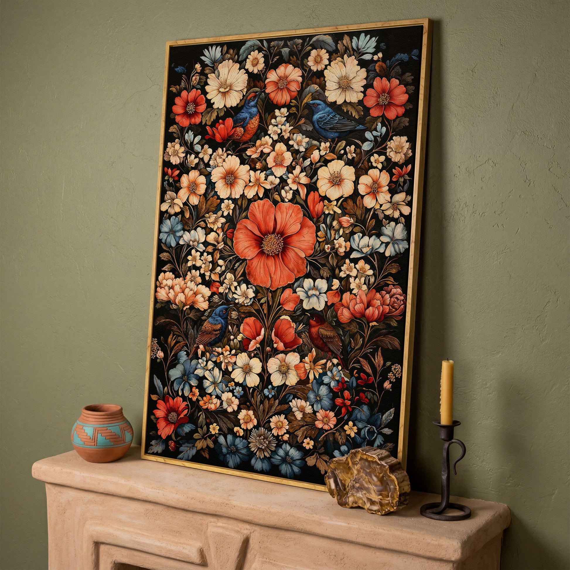 Birds in Vibrant Flowers Canvas Print in white oak floating frame