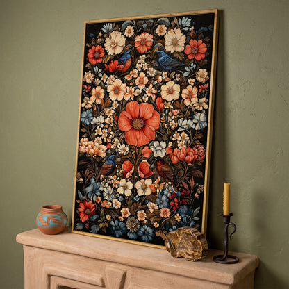 Birds in Vibrant Flowers Canvas Print in white oak floating frame