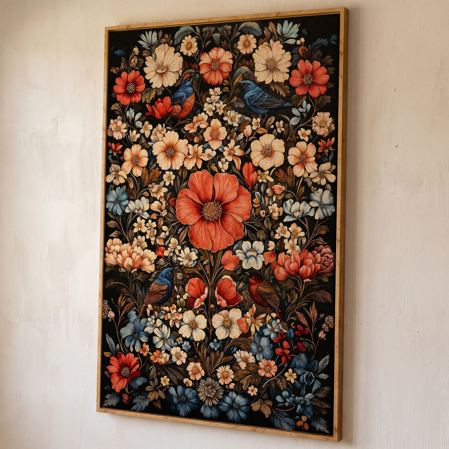 Birds in Vibrant Flowers Canvas Print shown in white oak floating frame