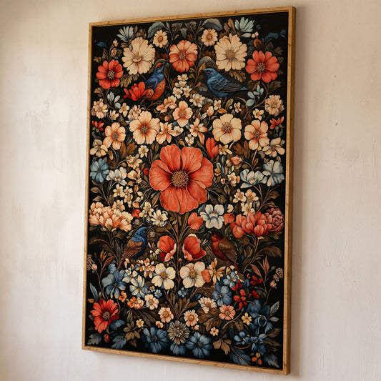 Birds in Vibrant Flowers Canvas Print shown in white oak floating frame