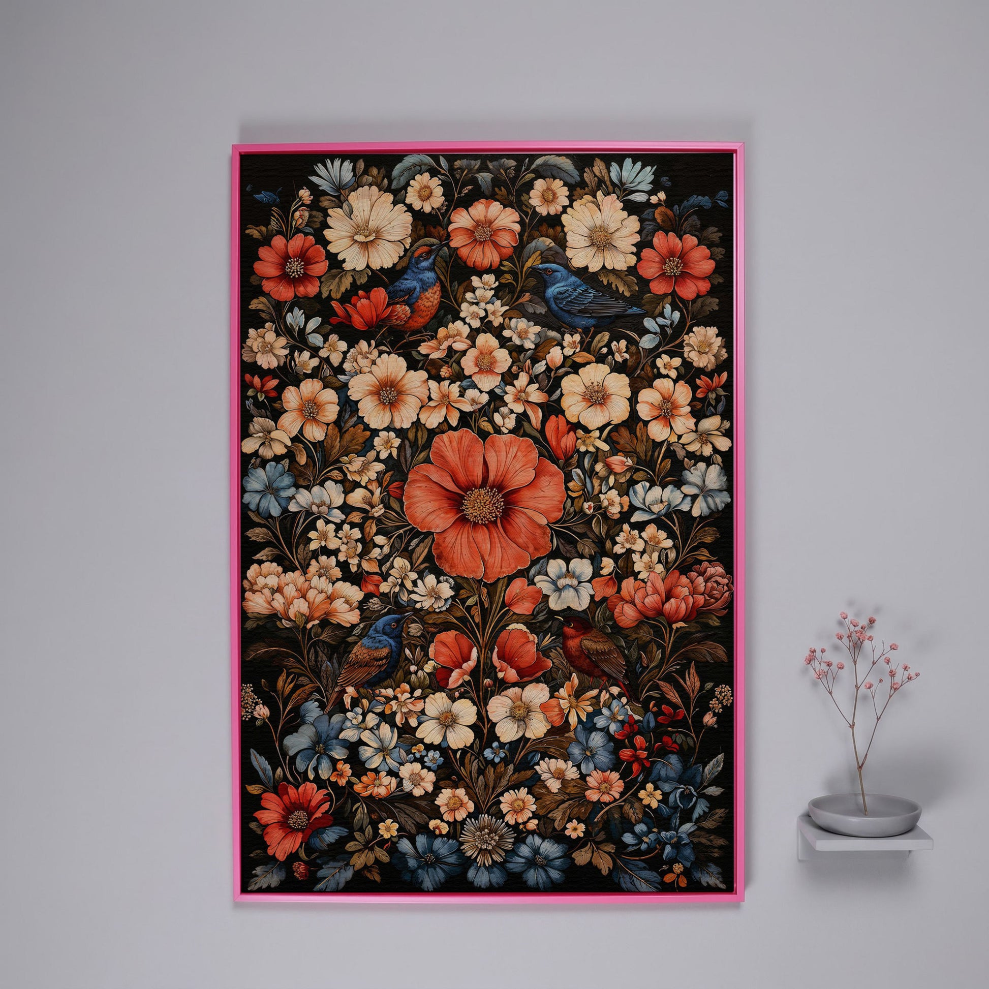 Birds in Vibrant Flowers Canvas Print in pink floating frame