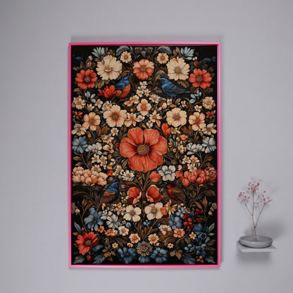 Birds in Vibrant Flowers Canvas Print in pink floating frame