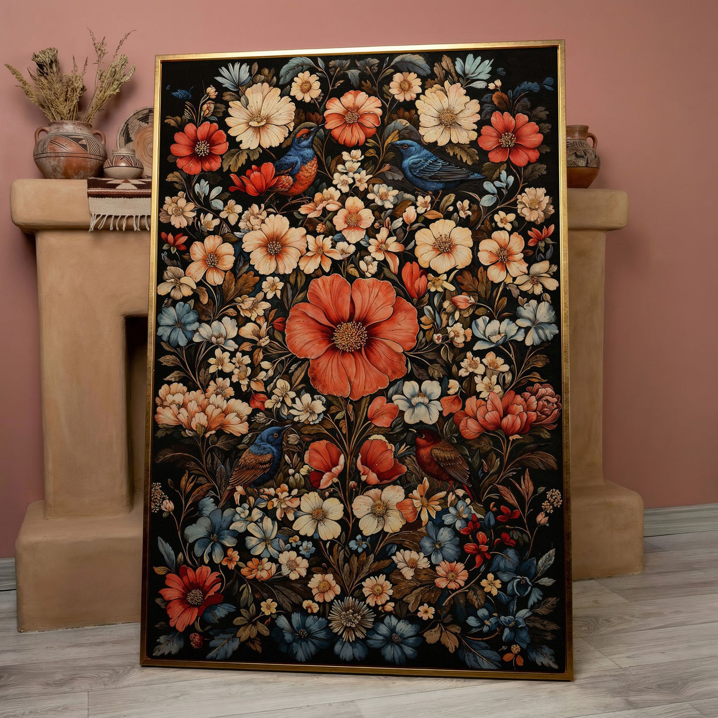 Birds in Vibrant Flowers Canvas Print in rose gold floating frame