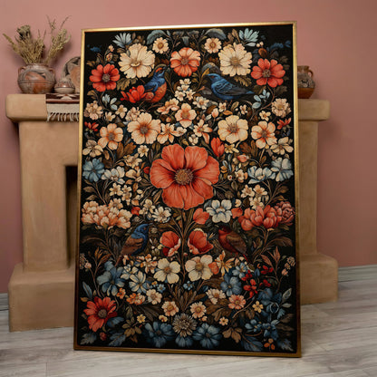 Birds in Vibrant Flowers Canvas Print in rose gold floating frame