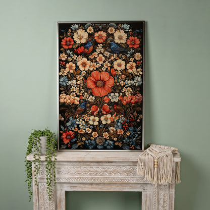 Birds in Vibrant Flowers Canvas Print in silver floating frame
