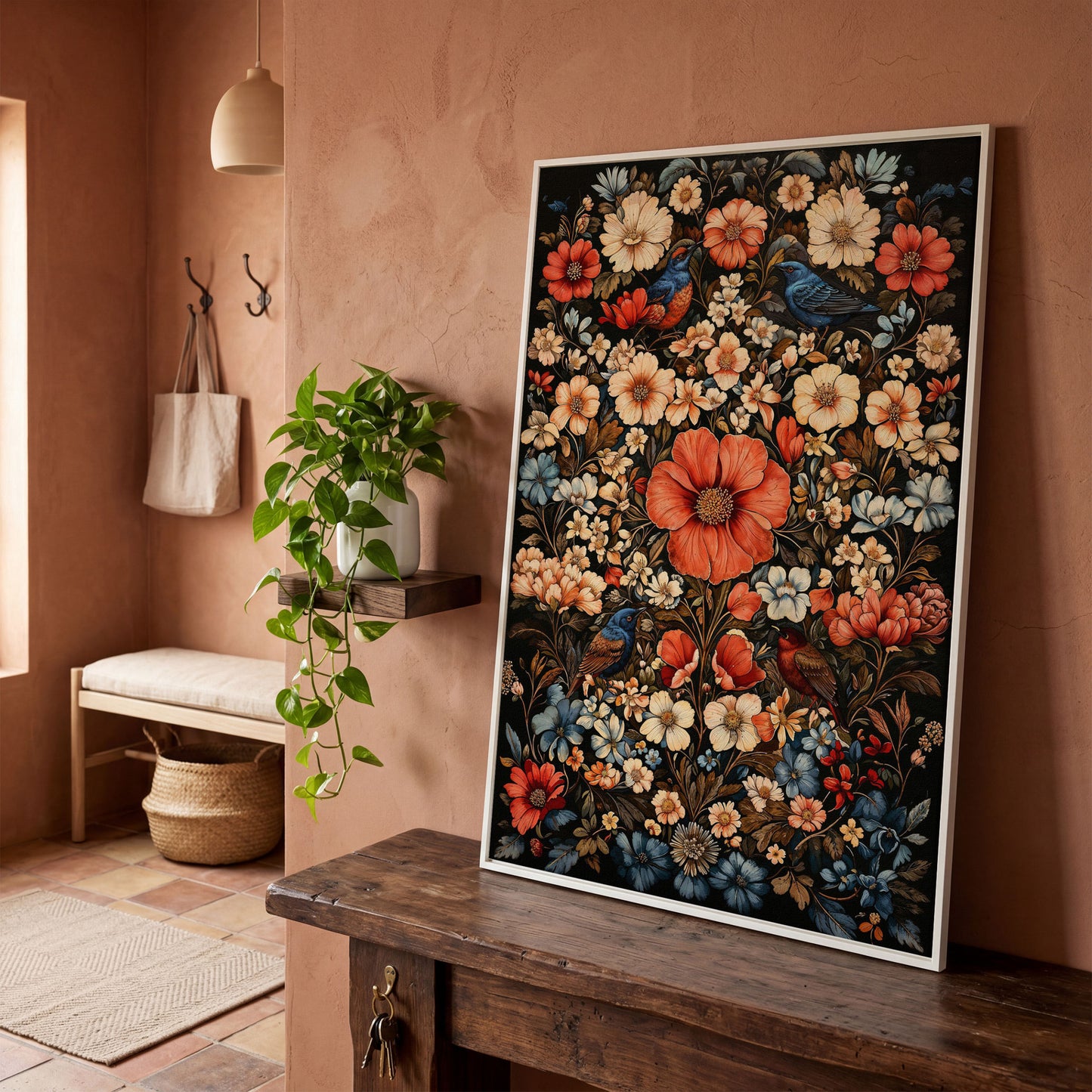 Birds in Vibrant Flowers Canvas Print in white floating frame