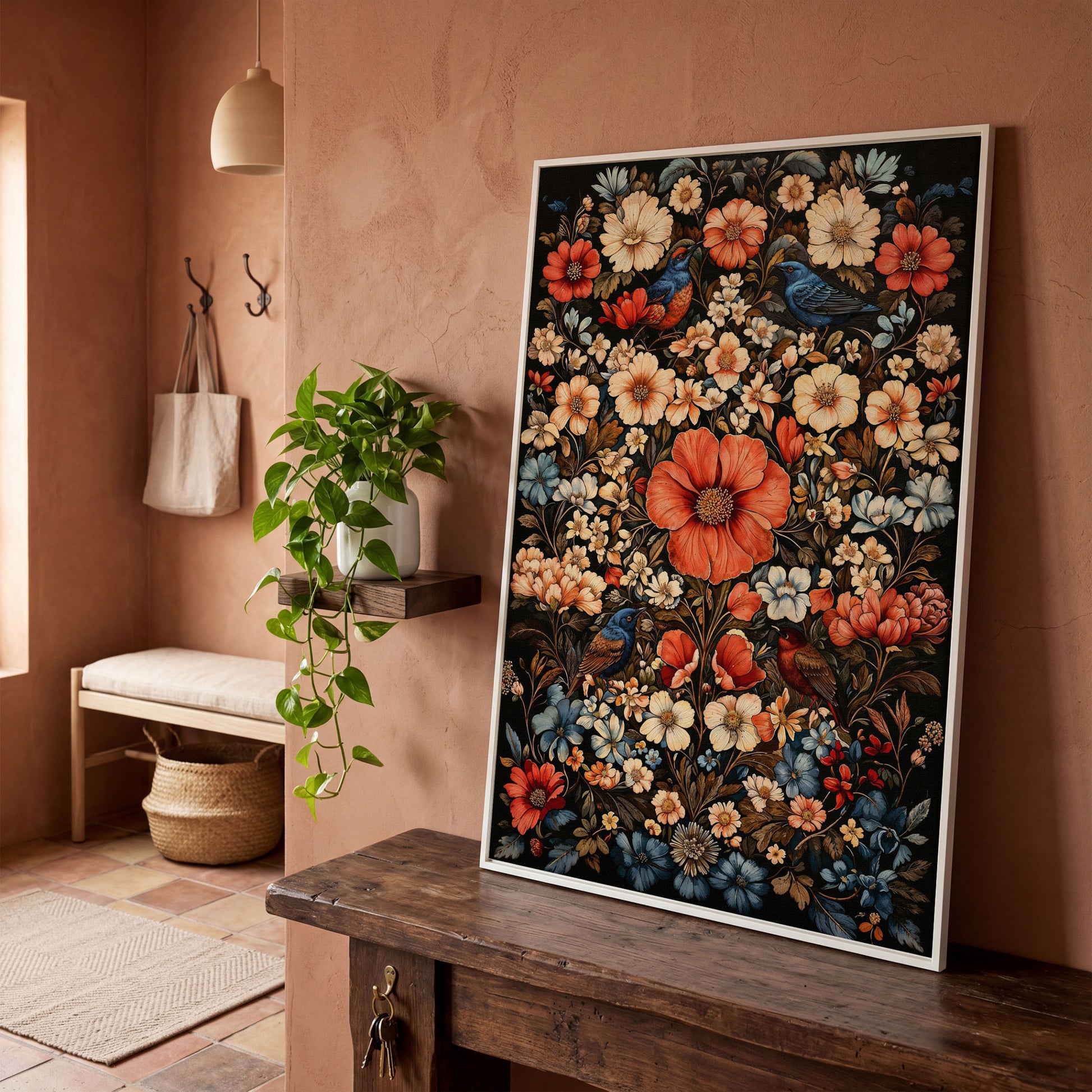 Birds in Vibrant Flowers Canvas Print in white floating frame