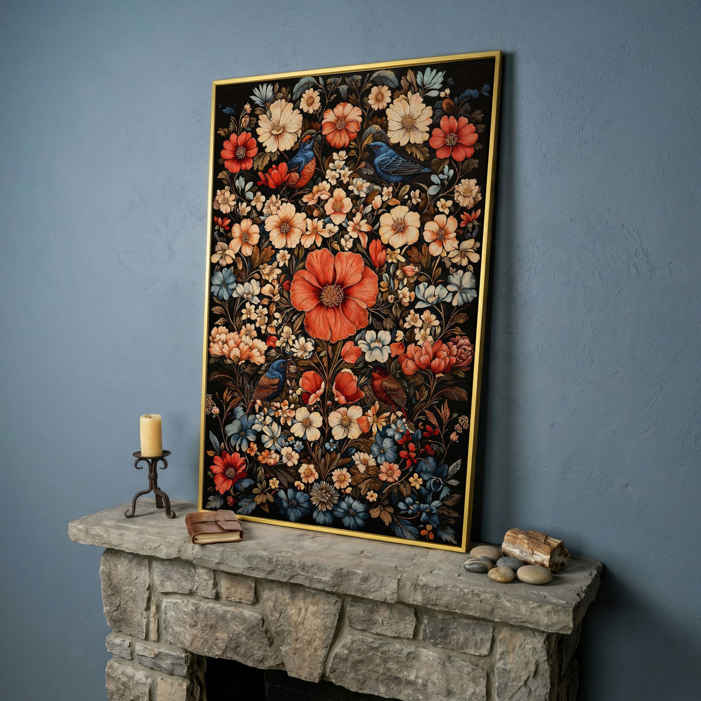 Birds in Vibrant Flowers Canvas Print in yellow gold floating frame