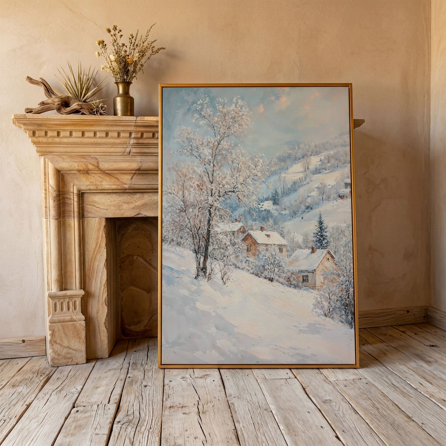 Snowy Village and Mountain Landscape Canvas in antique gold floating frame