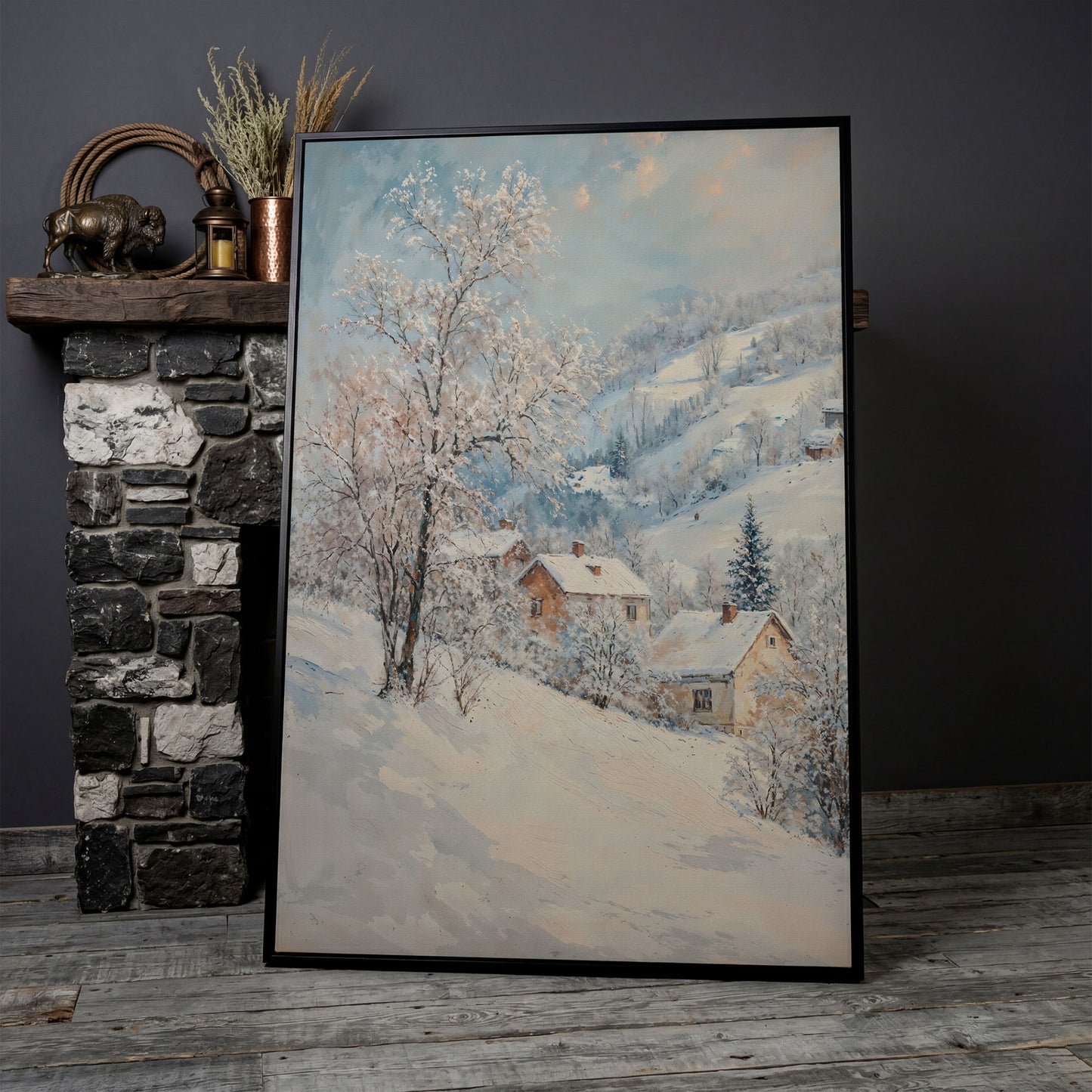 Snowy Village and Mountain Landscape Canvas in black floating frame
