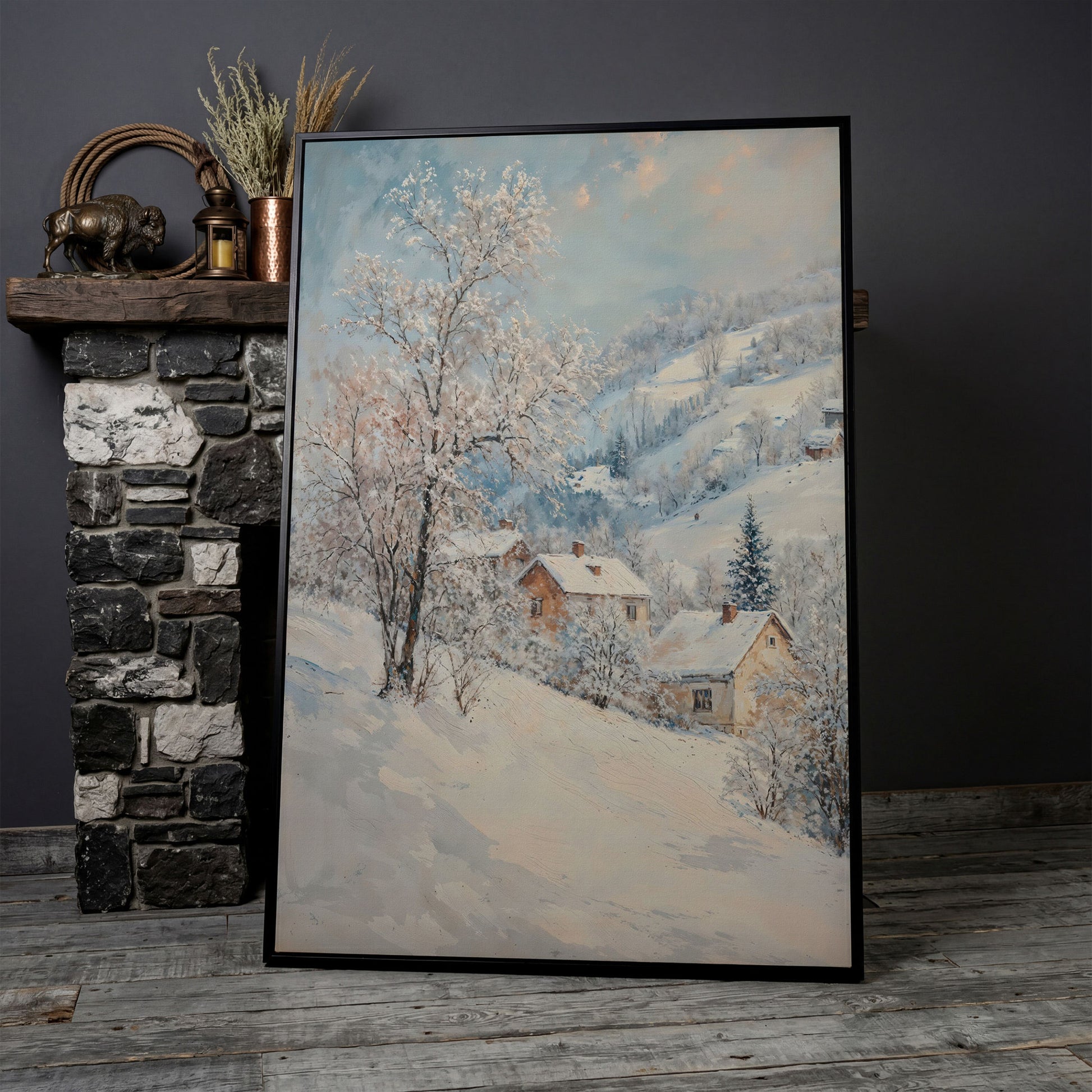 Snowy Village and Mountain Landscape Canvas in black floating frame