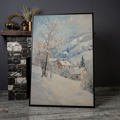 Snowy Village and Mountain Landscape Canvas in black floating frame