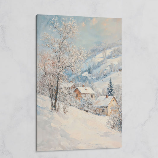 Snowy Village and Mountain Landscape Canvas on gallery wrap