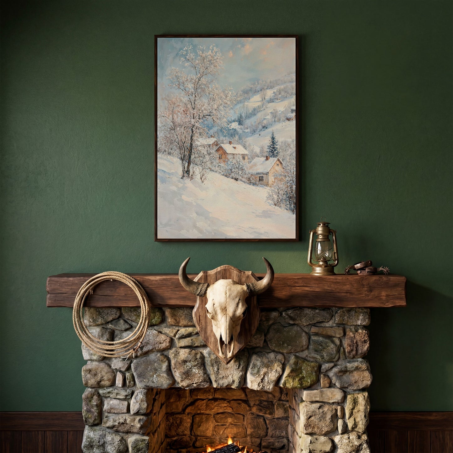 Snowy Village and Mountain Landscape Canvas in dark walnut floating frame