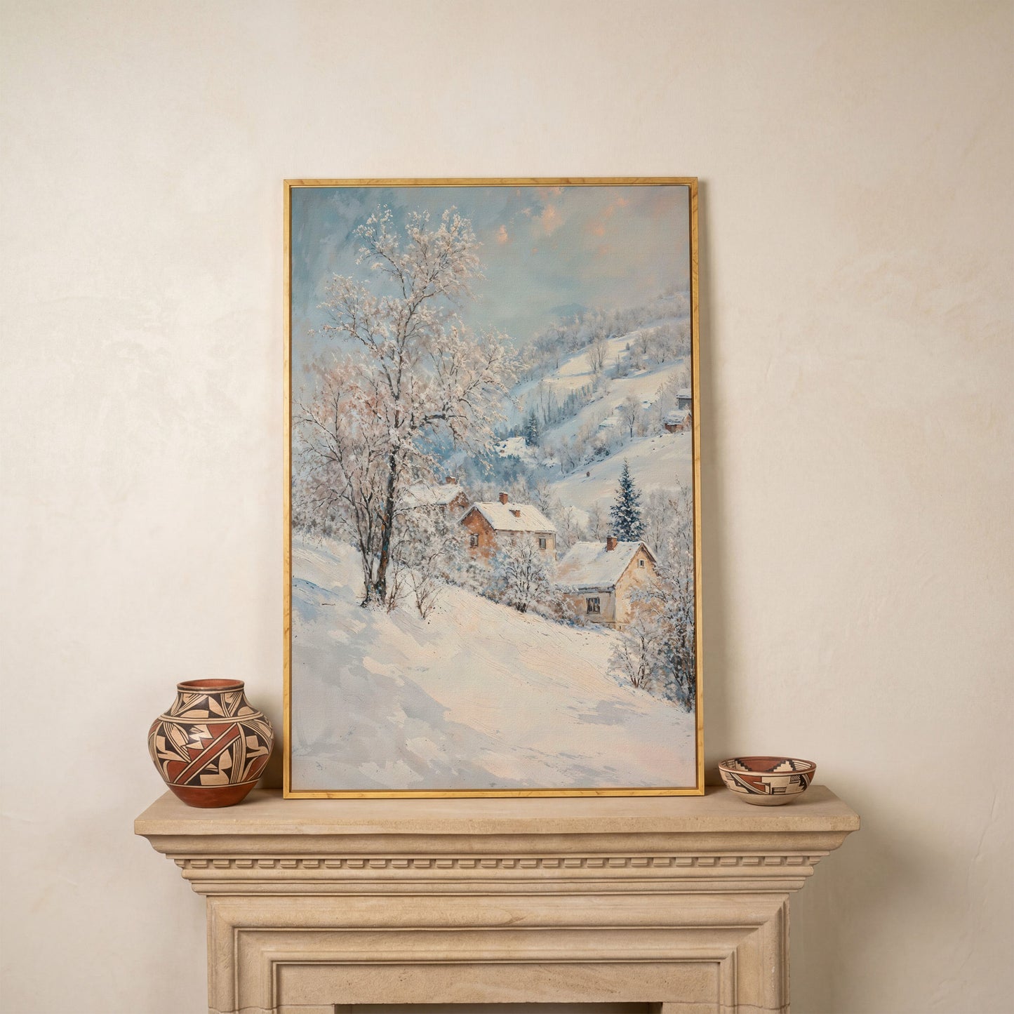 Snowy Village and Mountain Landscape Canvas in white oak floating frame
