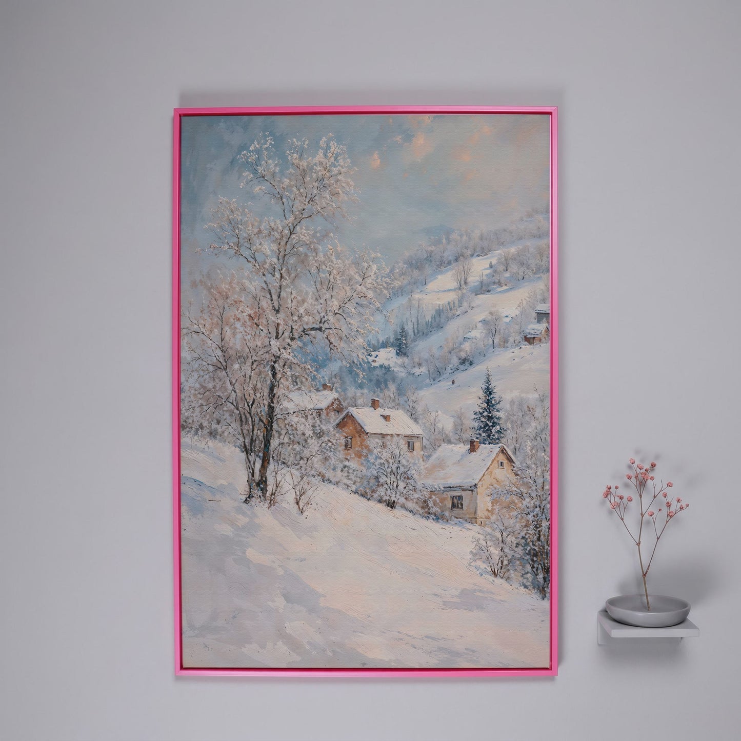 Snowy Village and Mountain Landscape Canvas in pink floating frame