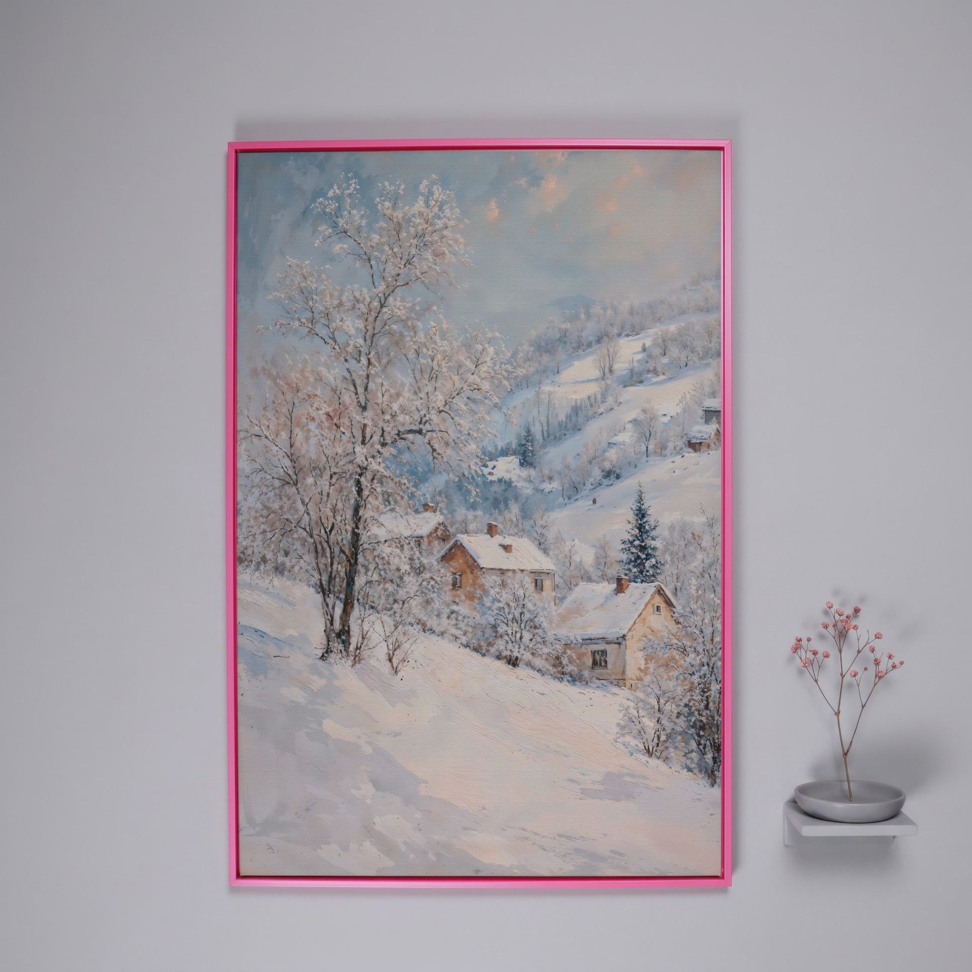 Snowy Village and Mountain Landscape Canvas in pink floating frame