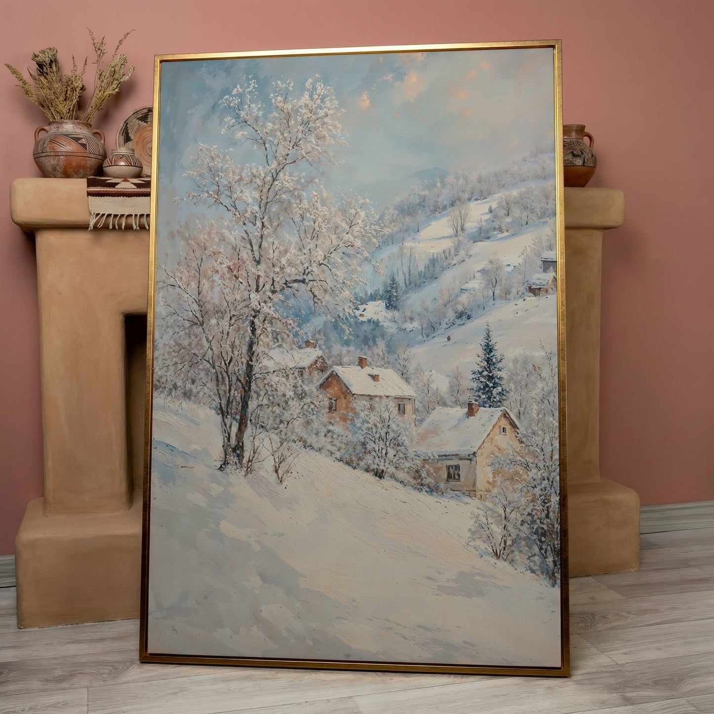 Snowy Village and Mountain Landscape Canvas in rose gold floating frame