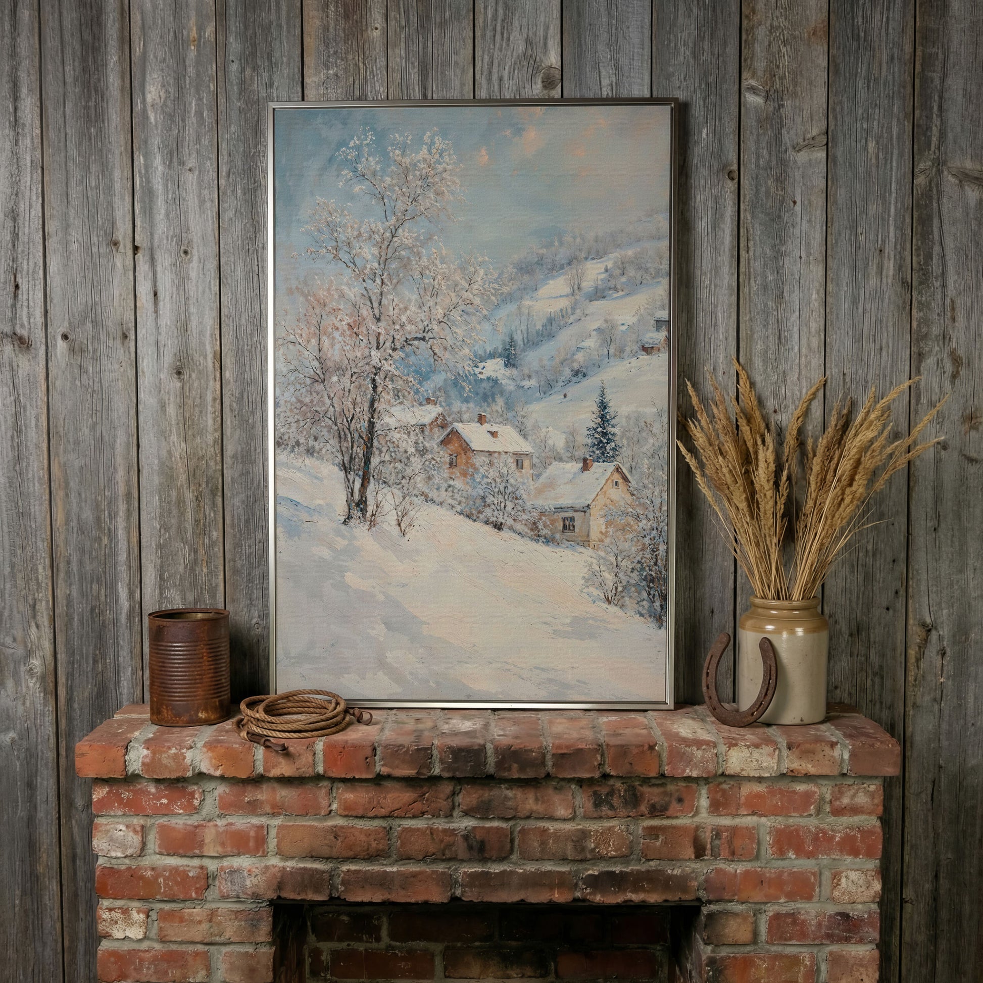 Snowy Village and Mountain Landscape Canvas in silver floating frame