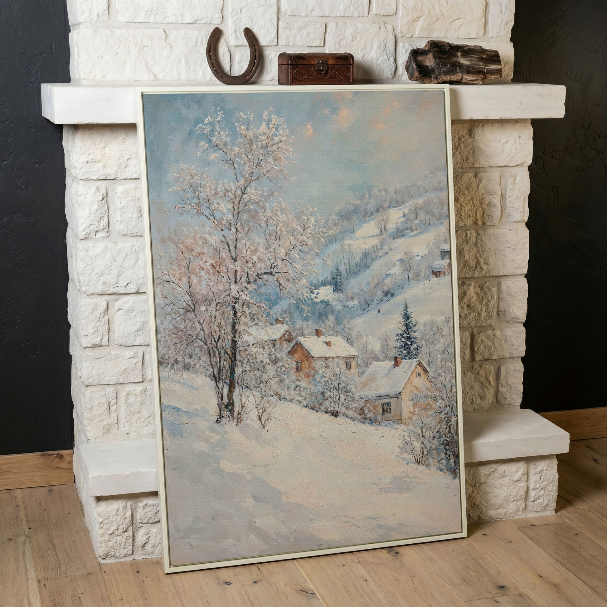 Snowy Village and Mountain Landscape Canvas in white floating frame