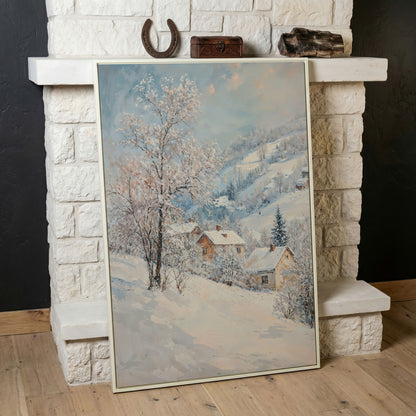 Snowy Village and Mountain Landscape Canvas in white floating frame