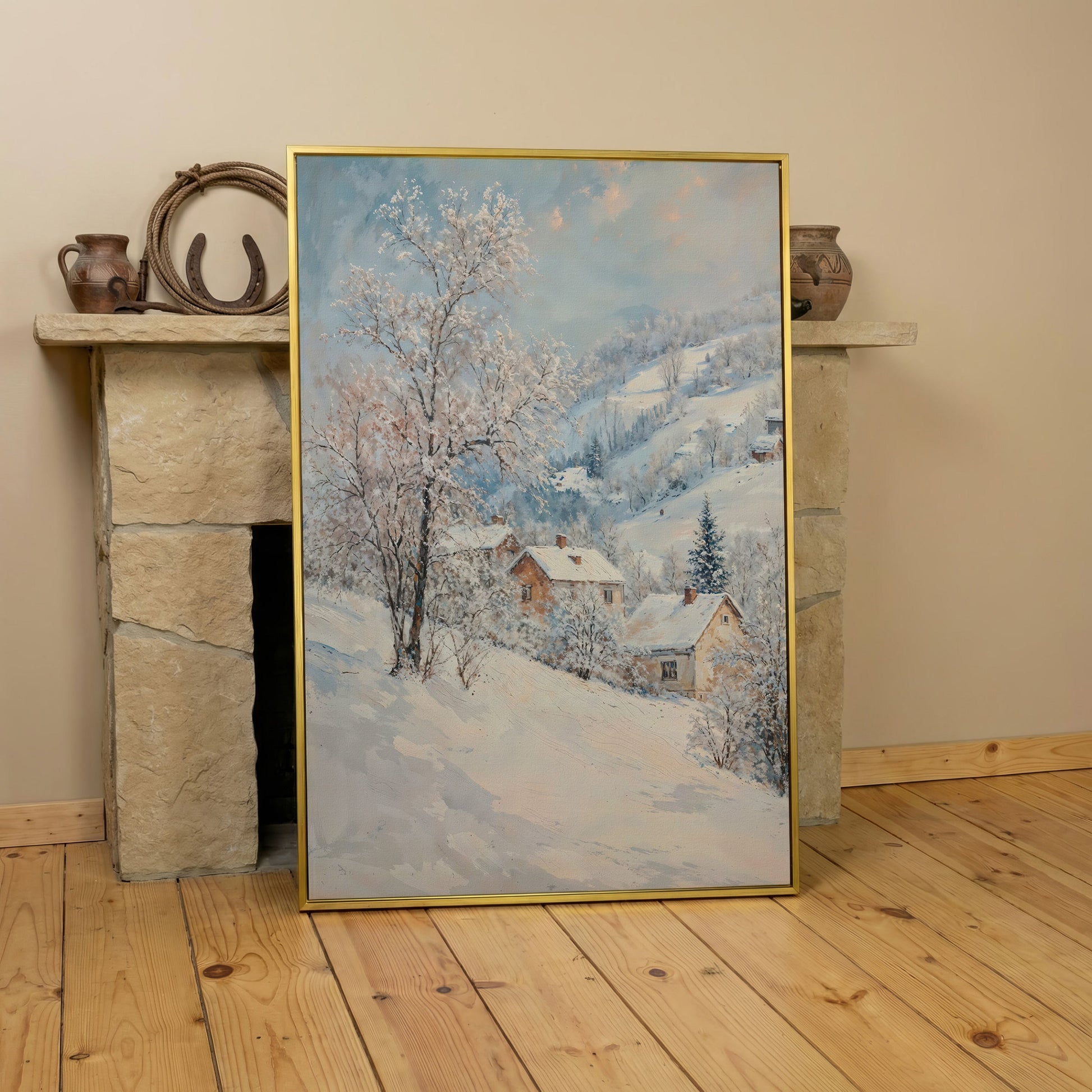 Snowy Village and Mountain Landscape Canvas in yellow gold floating frame