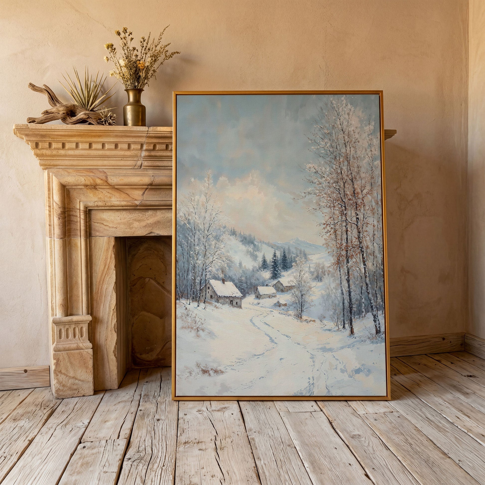 Snowy Village Path Canvas Wall Art in antique gold floating frame