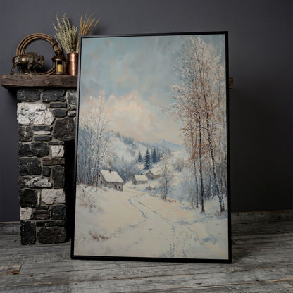 Snowy Village Path Canvas Wall Art in black floating frame