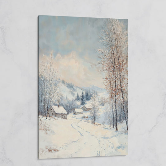 Snowy Village Path Canvas Wall Art on gallery wrap