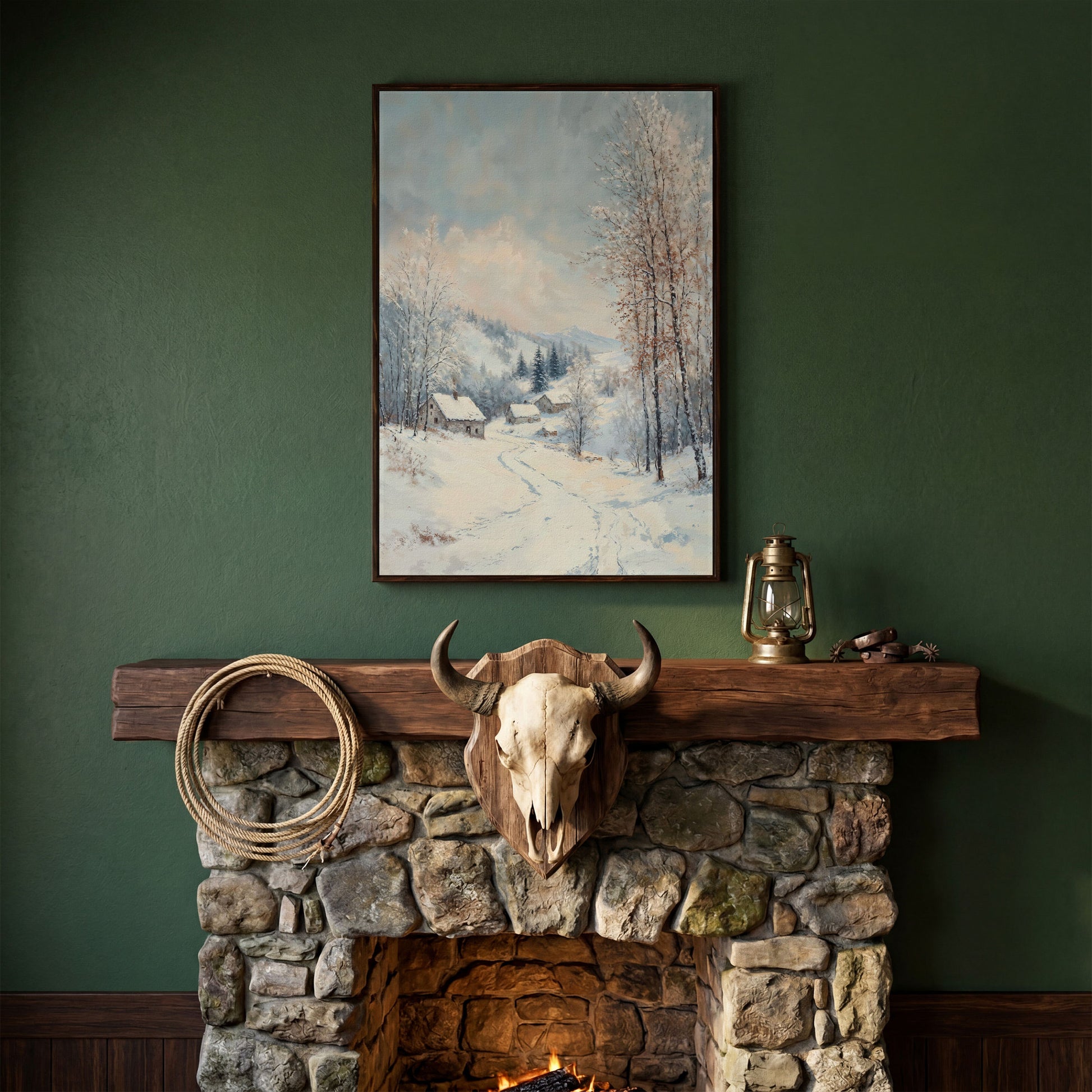 Snowy Village Path Canvas Wall Art in dark walnut floating frame
