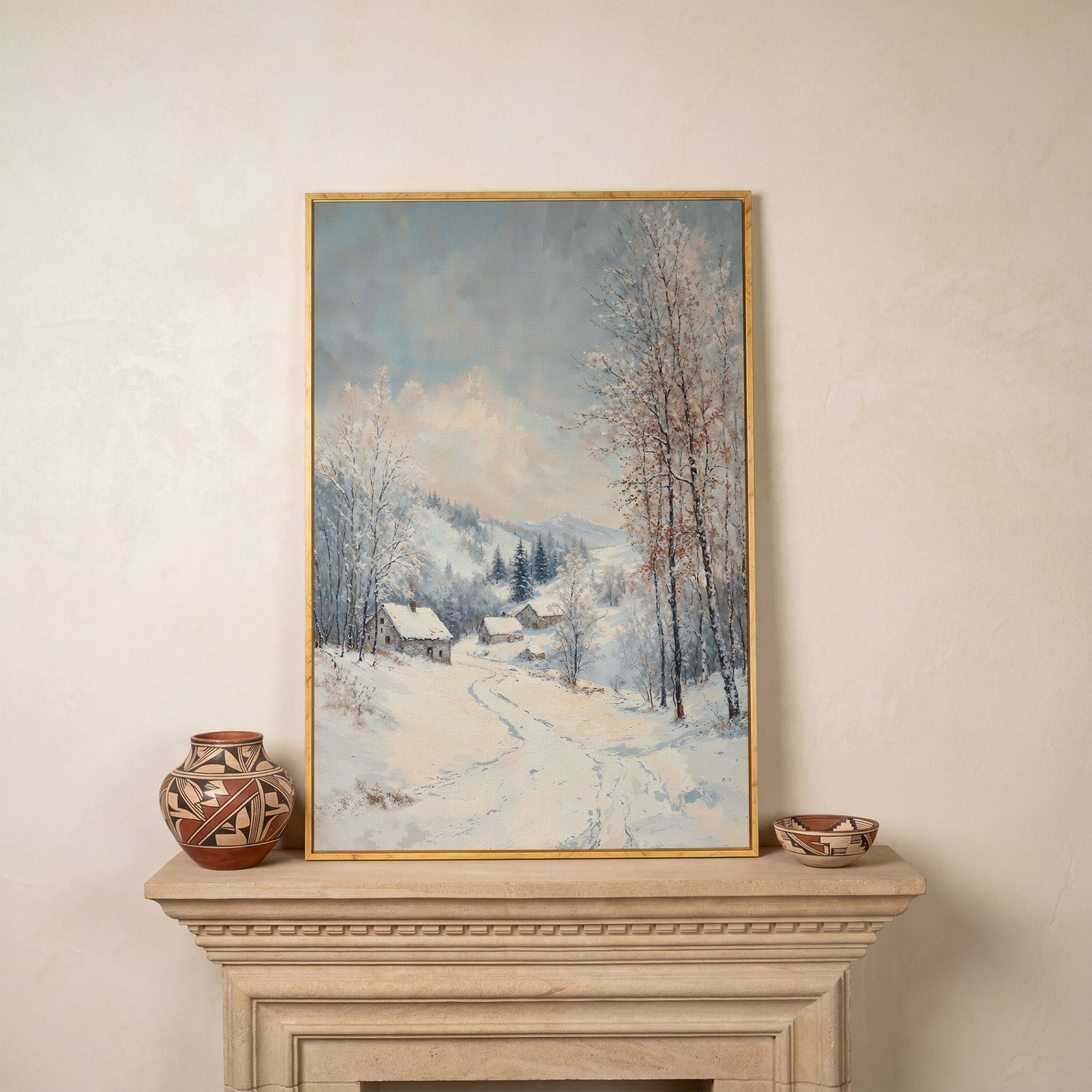 Snowy Village Path Canvas Wall Art in white oak floating frame