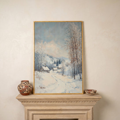 Snowy Village Path Canvas Wall Art in white oak floating frame