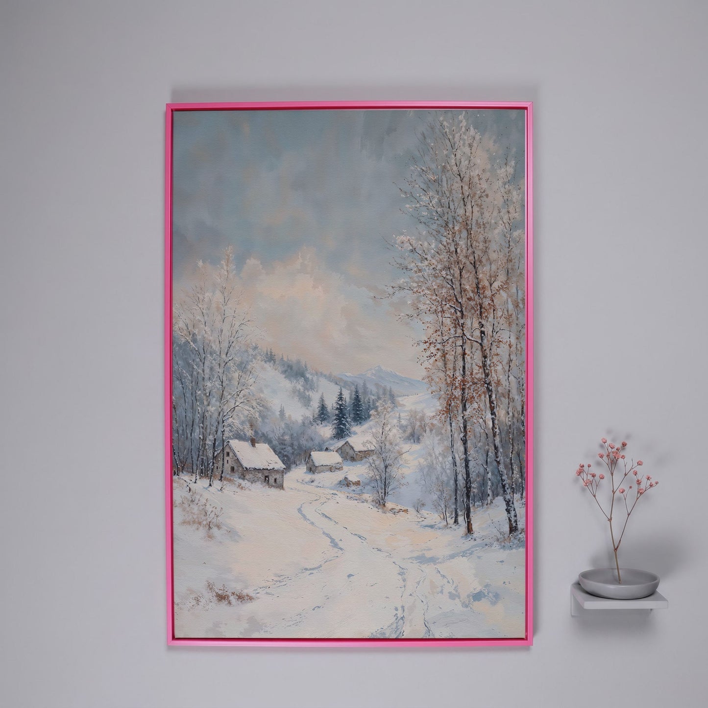 Snowy Village Path Canvas Wall Art in pink floating frame