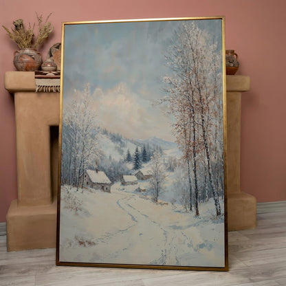 Snowy Village Path Canvas Wall Art in rose gold floating frame