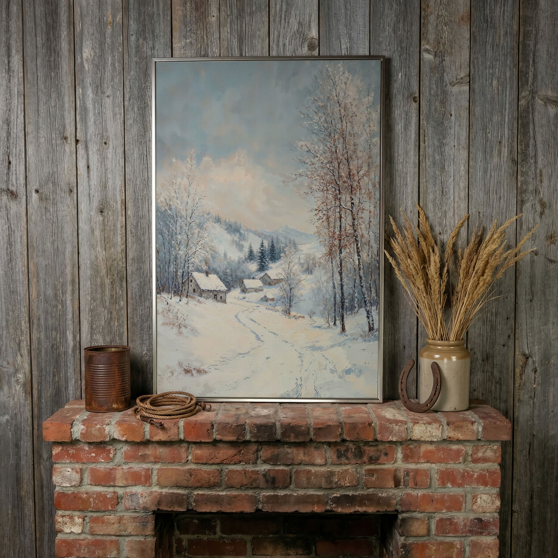 Snowy Village Path Canvas Wall Art in silver floating frame