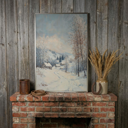 Snowy Village Path Canvas Wall Art in silver floating frame