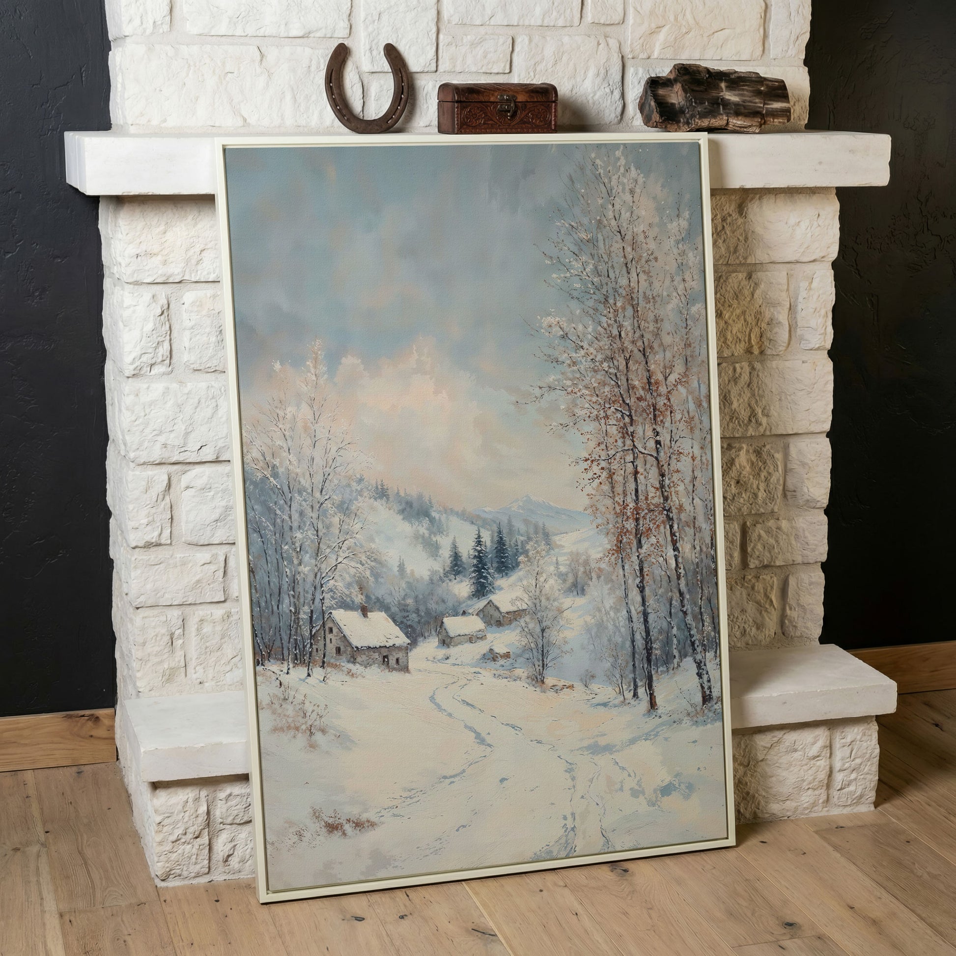 Snowy Village Path Canvas Wall Art in white floating frame
