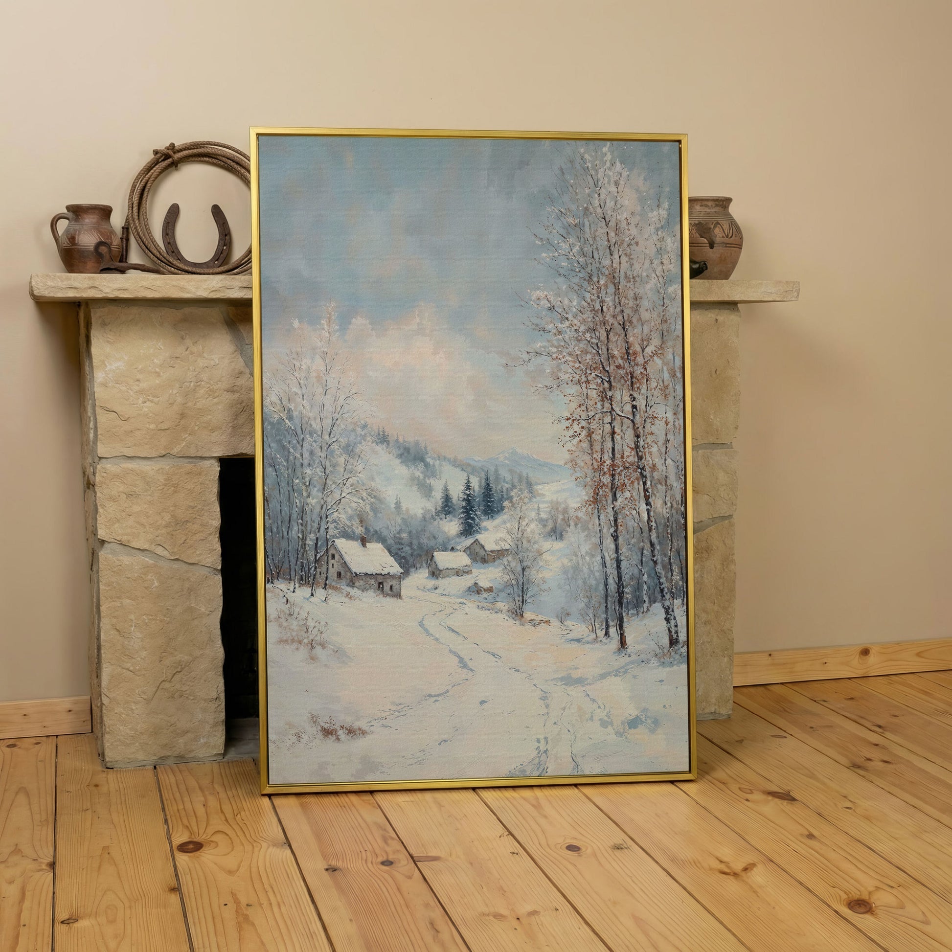 Snowy Village Path Canvas Wall Art in yellow gold floating frame