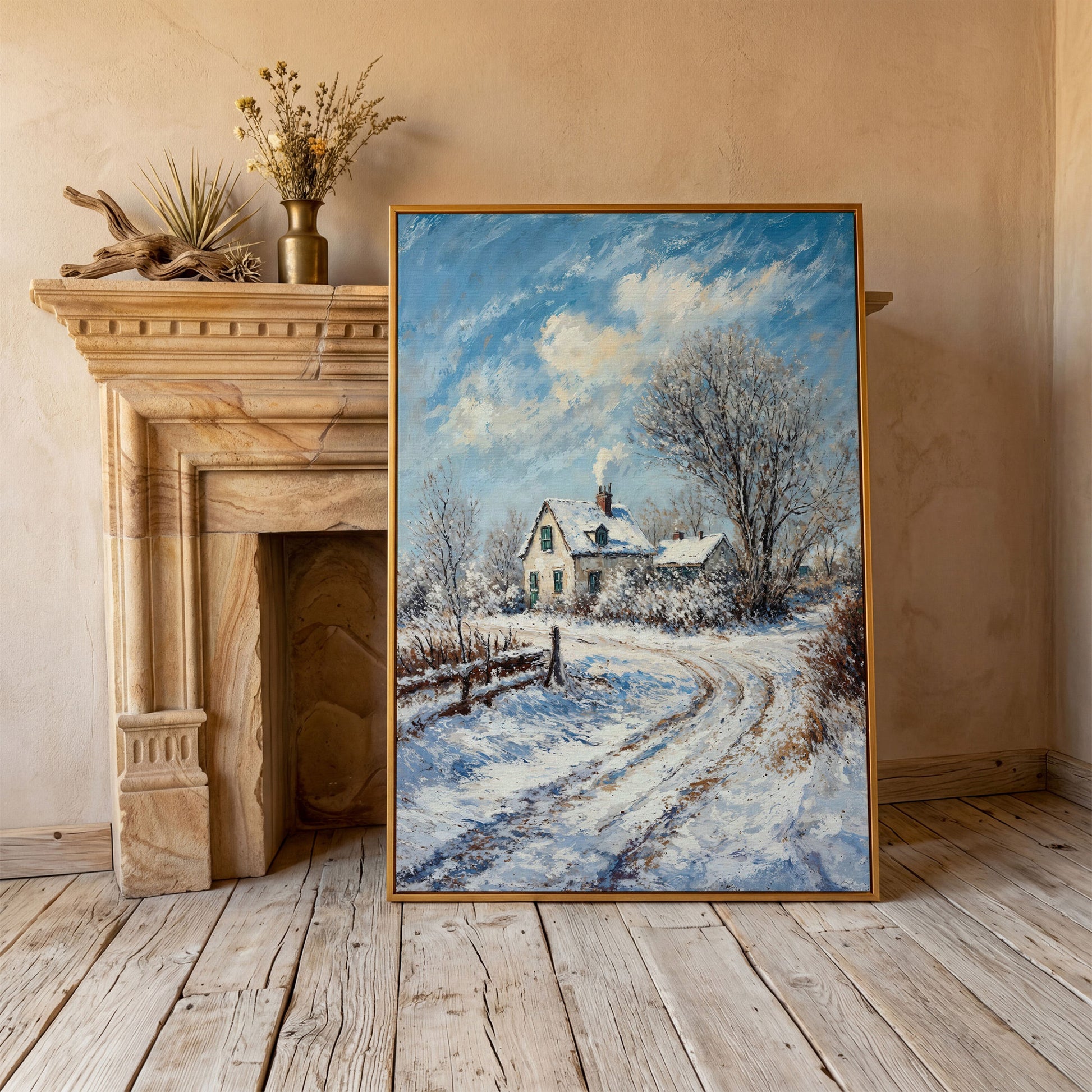 Winter Cottage Canvas Print with Snowy Landscape in antique gold floating frame
