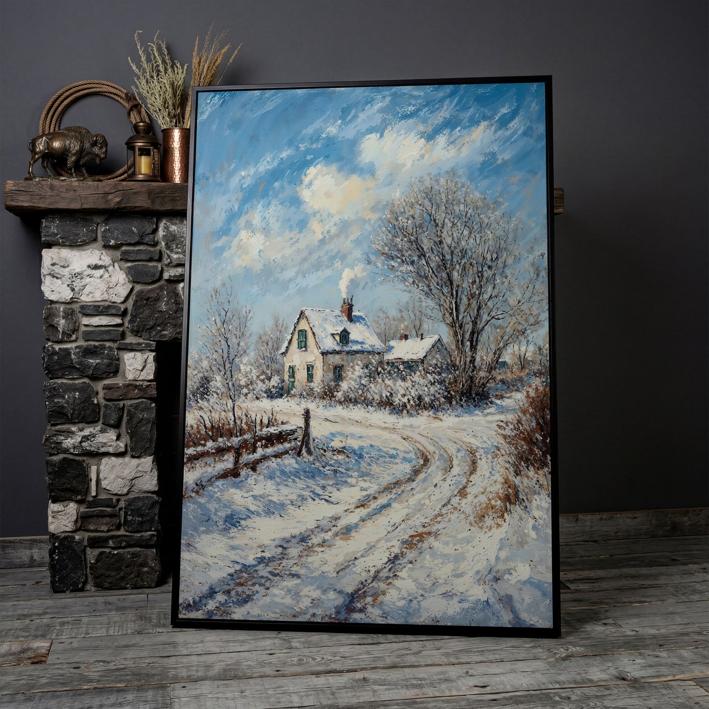 Winter Cottage Canvas Print with Snowy Landscape in black floating frame