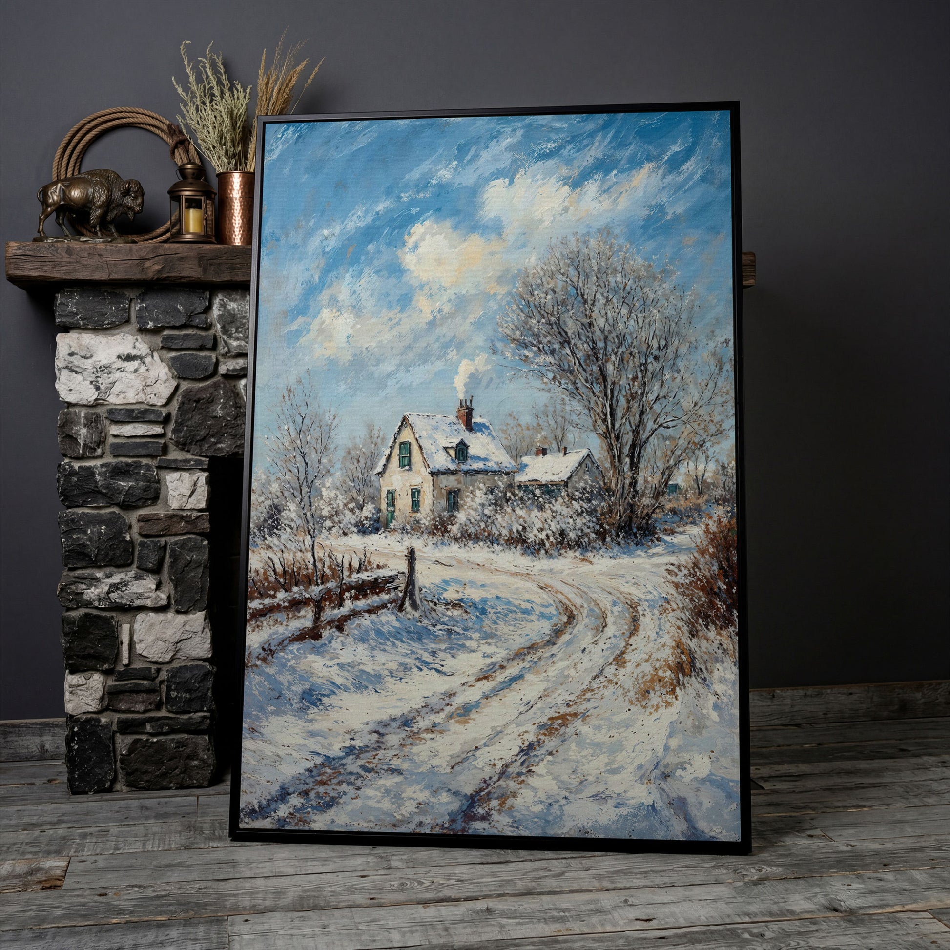 Winter Cottage Canvas Print with Snowy Landscape in black floating frame