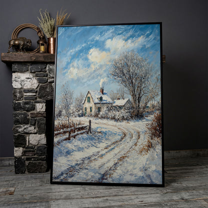 Winter Cottage Canvas Print with Snowy Landscape in black floating frame