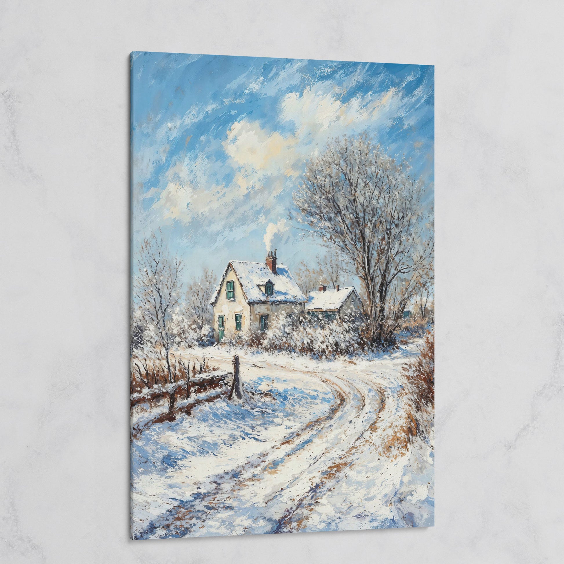 Winter Cottage Canvas Print with Snowy Landscape on gallery wrap