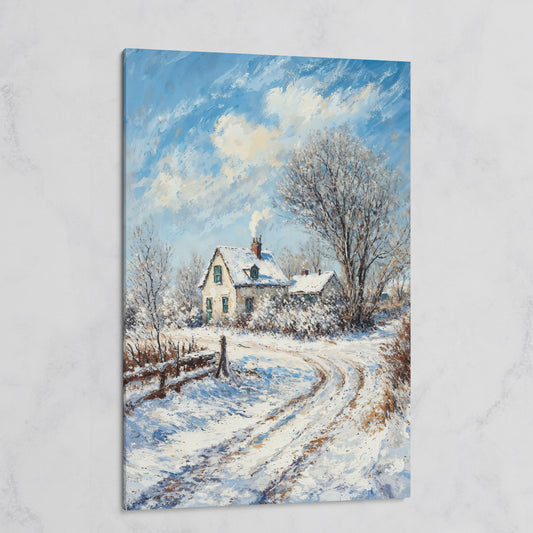 Winter Cottage Canvas Print with Snowy Landscape on gallery wrap