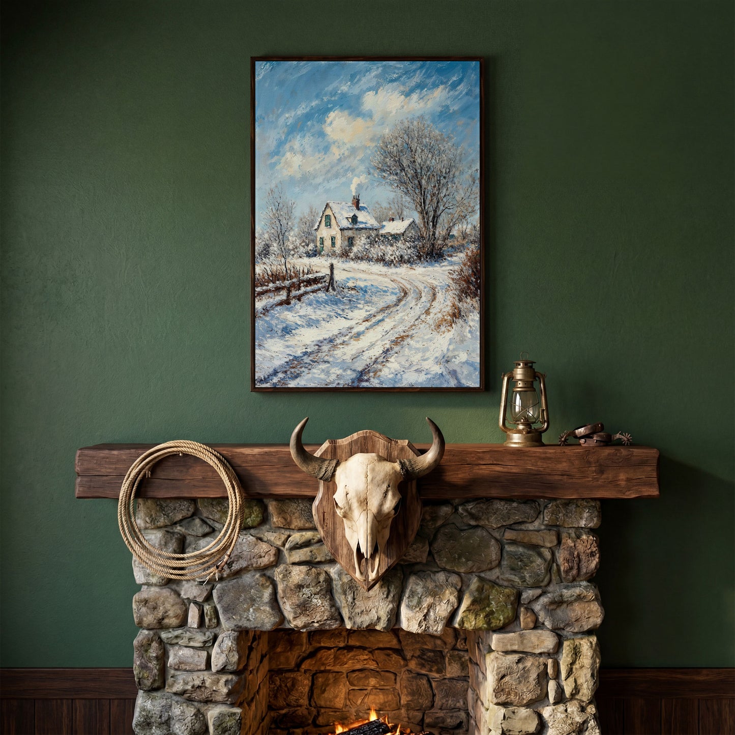 Winter Cottage Canvas Print with Snowy Landscape in dark walnut floating frame